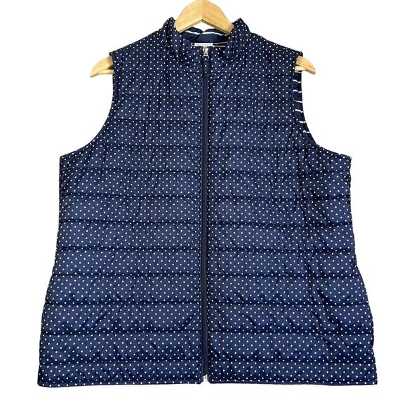 Chicos Puffy Vest Large Navy Polka Dot Quilted Full Zip Pockets Nautical Beach - Picture 1 of 10